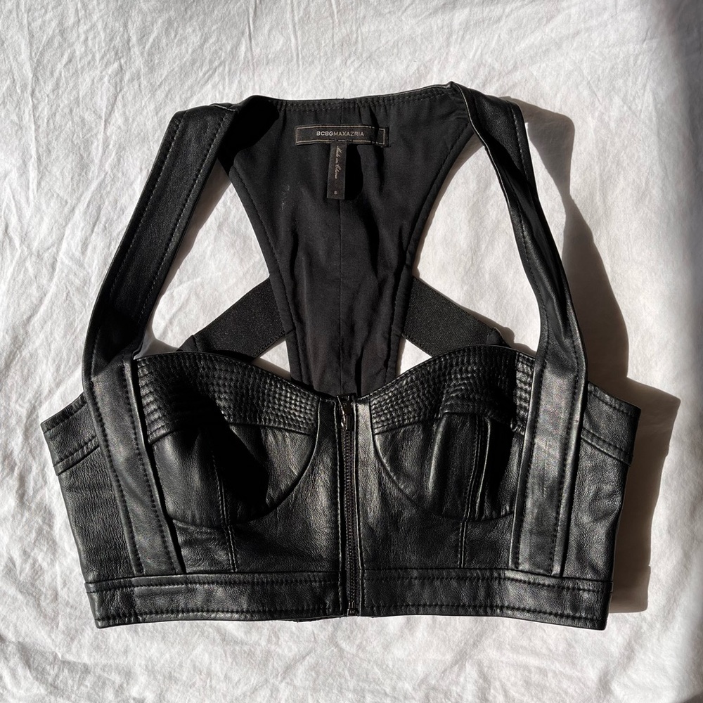 BCBG Cage Bra Crop Top Leather Black